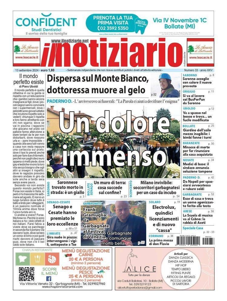 Il dolore di Paderno Dugnano ai funerali della famiglia; dottoressa di Garbagnate trovata morta sul Monte Bianco | ANTEPRIMA prima pagina dolore paderno