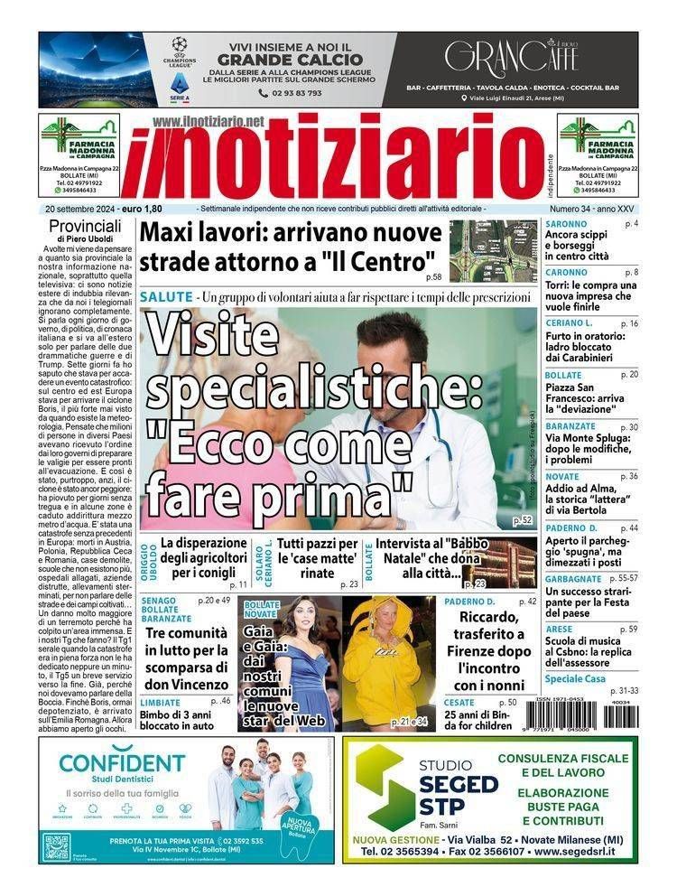 Visite specialistiche: come fare prima; rivoluzione viabilistica tra Arese e Garbagnate | ANTEPRIMA prima pagina notiziario visite specialistiche