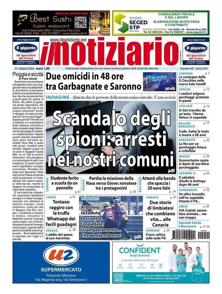 Scandalo “spioni”, arresti anche tra Bollate e Garbagnate; missione Nasa verso Giove, c’è un po’ di Novate | ANTEPRIMA prima pagina notiziario spioni bollate