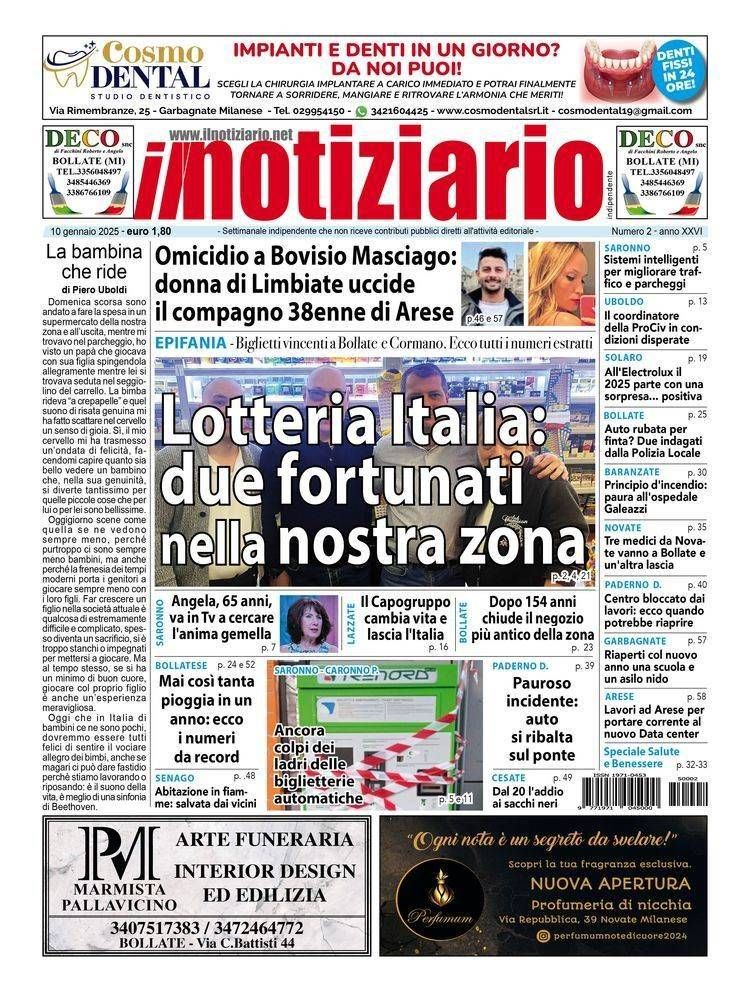 Tutti i biglietti vincenti della Lotteria Italia che premia Bollate e Cormano, l’omicidio di Bovisio | ANTEPRIMA prima pagina notiziario Bollate Cormano