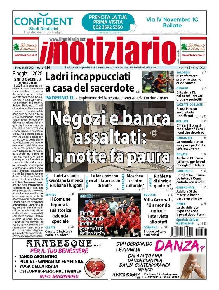 Spaccate nei negozi e assalto al Bancomat a Paderno; ladri incappucciati a casa del prete a Garbagnate | ANTEPRIMA prima pagina Notiziario Paderno Garbagnate