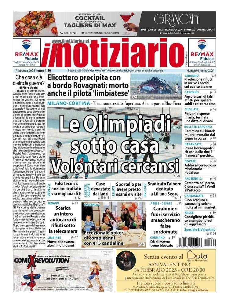 Le Olimpiadi dietro casa si avvicinano; elicottero caduto, pilota volontario a Limbiate | ANTEPRIMA prima pagina olimpiadi