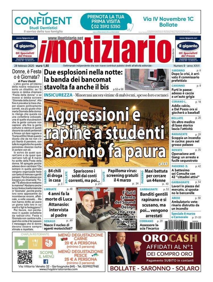 Aggressione e rapina a studenti, Saronno fa paura; furti in casa a Caronno, caccia all’auto grigia prima pagina notiziario saronno