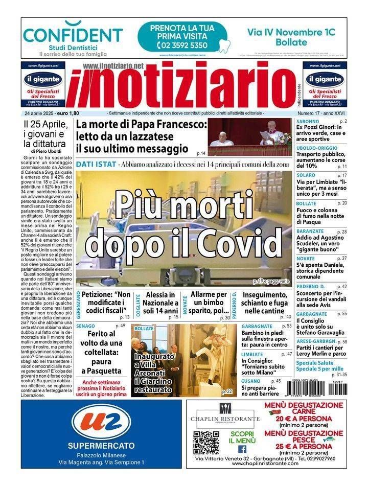 Inchiesta: dopo il Covid sono aumentati i morti; Papa Francesco, l’ultimo messaggio letto da arcivescovo di Lazzate prima pagina notiziario covid morti papa
