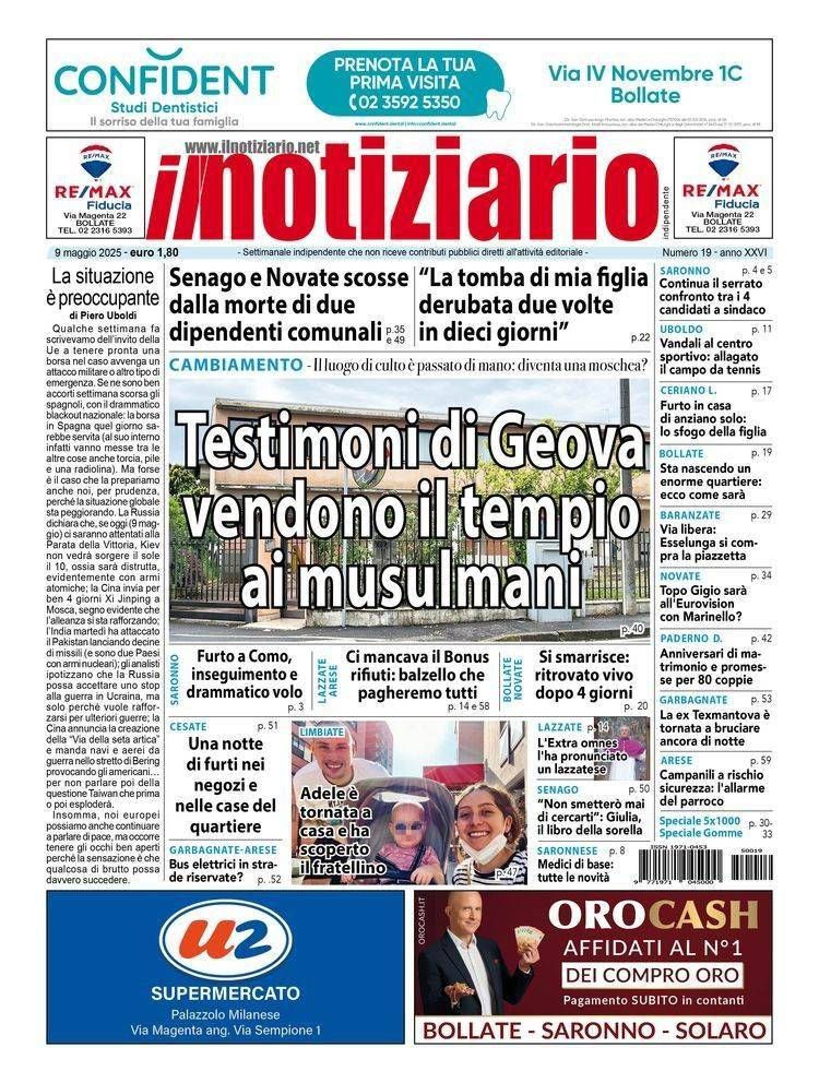 Paderno Dugnano, i testimoni di Geova vendono il tempio ai musulmani; Senago e Novate scosse da morte di dipendenti comunali | ANTEPRIMA prima pagina notiziario tempio testimoni geova