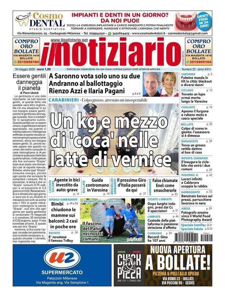 Furgone fermato a Novate, nelle latte di vernice 1,5 kg di cocaina; lupo morto sulla Varesina a Cislago prima pagina notiziario novate cocaina