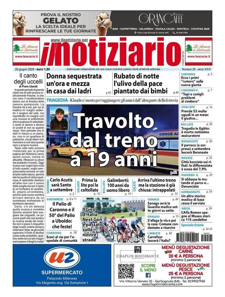 Morto a 19 anni travolto dal treno in stazione a Cesate; Paderno, rubato l’ulivo della pace piantato dai bimbi prima pagina notiziario cesate treno paderno ullivo