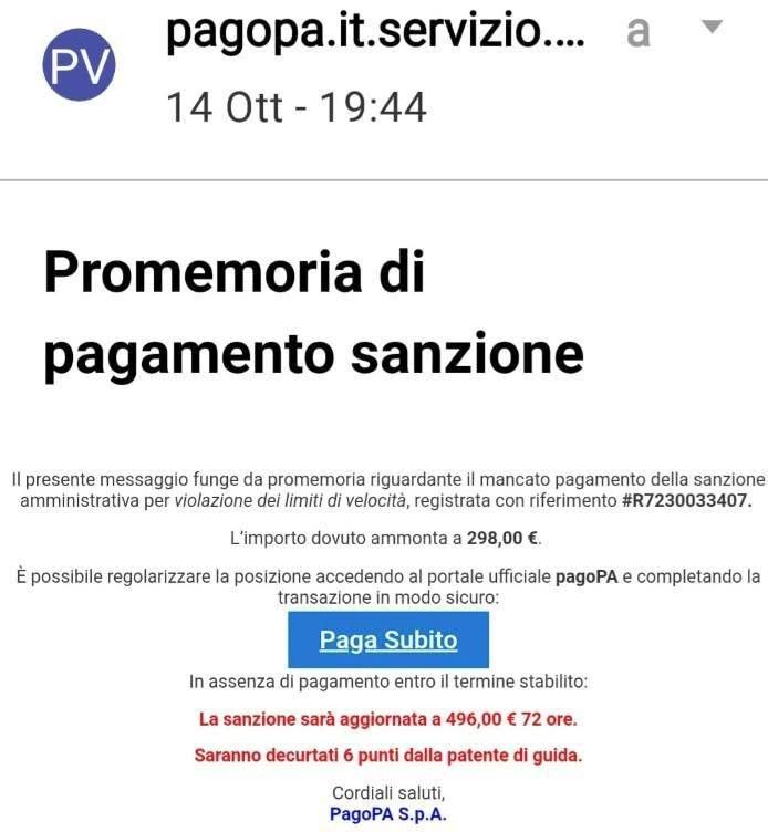 Mail truffa con finta PagoPa invita a pagare subito una sanzione per violazione del limite di velocità PagoPa truffa mail