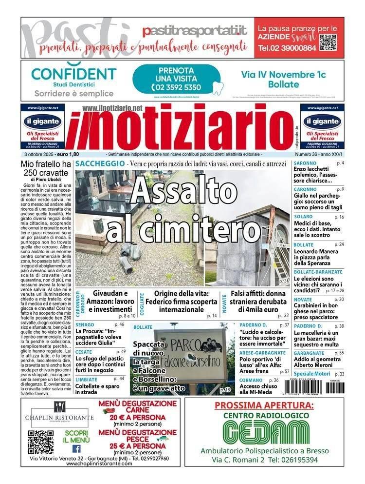 Assalto al cimitero a Saronno; affitto falso a Novate, perde 4000 euro | ANTEPRIMA prima pagina notiziario cimitero saronno