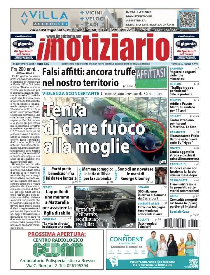 Limbiate, tenta di dar fuoco alla moglie; Saronno, ragazze e ragazzi violenti e minacciosi – ANTEPRIMA prima pagina notiziario Saronno Limbiate