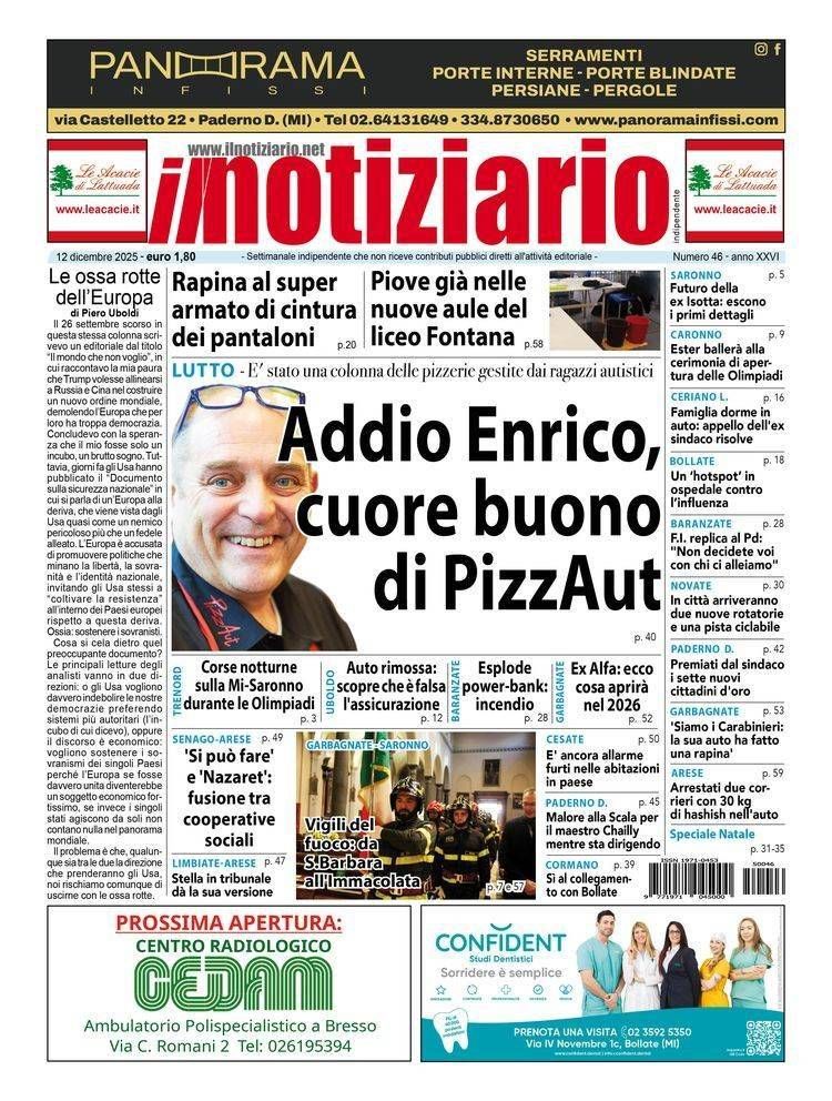 Da Limbiate a Paderno: addio Enrico, fondatore di PizzAut; Arese, piove già nel nuovo liceo prima pagina notiziario