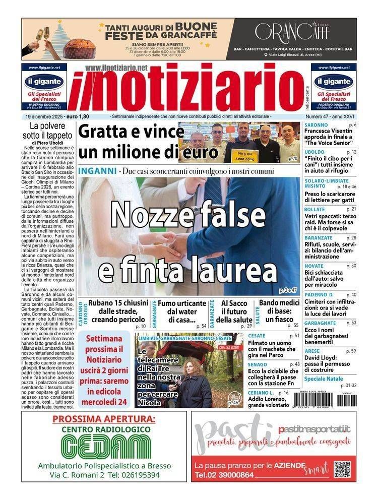 Finte nozze, falsa laurea, truffe tra Saronno e Limbiate, a Bollate vinto 1 milione di euro – ANTEPRIMA prima pagina notiziario finte nozze