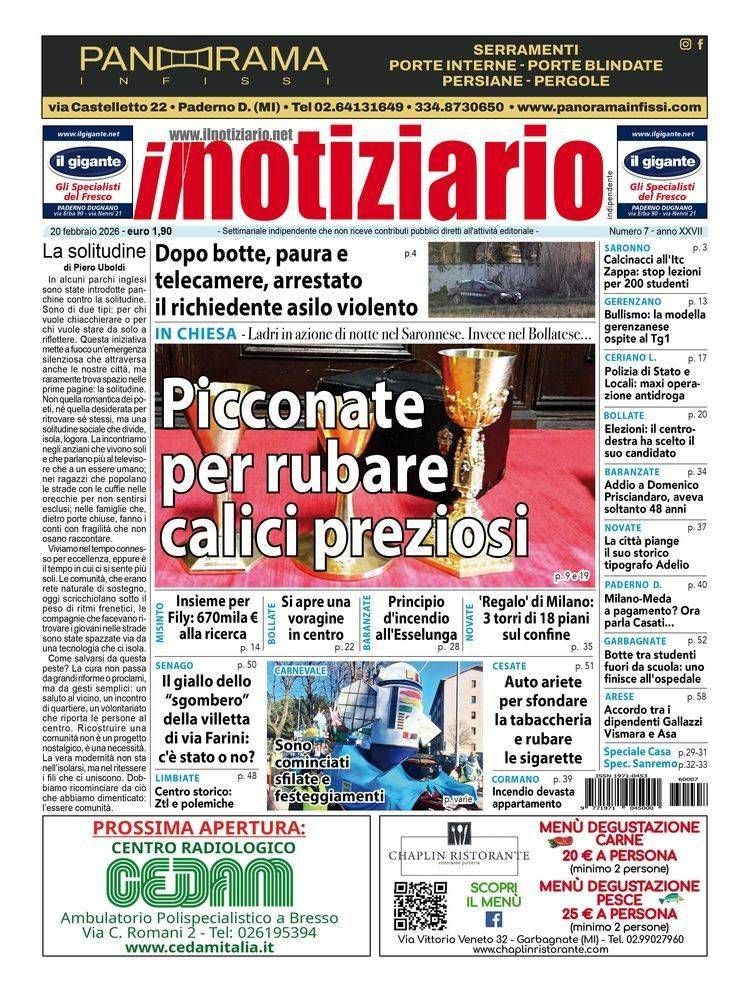 Caronno, picconate per rubare calici preziosi in chiesa; Saronno, dopo la tv, scatta l’arresto per l’immigrato violento – ANTEPRIMA caronno calici saronno arresto prima pagina notiziario