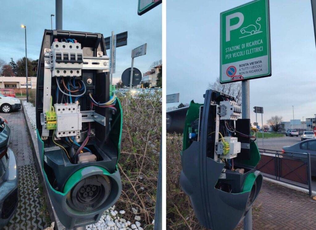 Vandalismo o sabotaggio? Colonnine elettriche sventrate al Lidl tra Saronno e Gerenzano colonnine ricarica danneggiate Gerenzano Saronnno