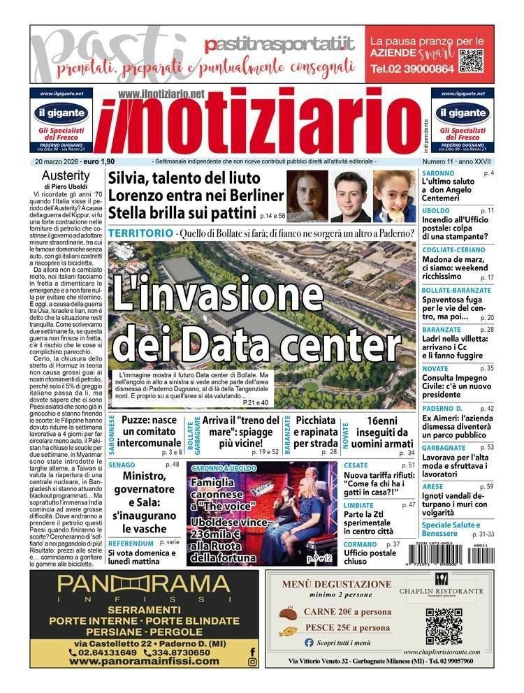 L’invasione dei Data Center, dopo Bollate, Paderno; la famiglia di Uboldo a The Voice – ANTEPRIMA prima pagina notiziario Data Center