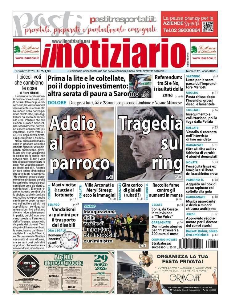 Addio al parroco di Limbiate; Kristian, pugile di Novate morto a 28 anni – ANTEPRIMA prima pagina notiziario parroco limbiate pugile novate
