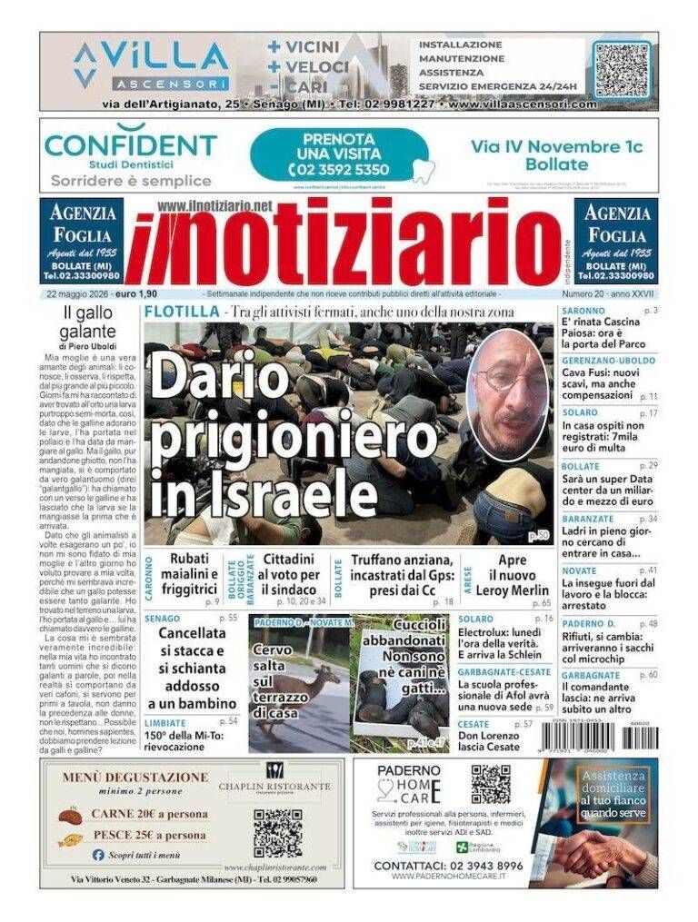 Paderno, Dario prigioniero in Israele; Bollate, Origgio, Baranzate, si vota per sindaco e consiglio – ANTEPRIMA prima pagina notiziario prigioniero israele