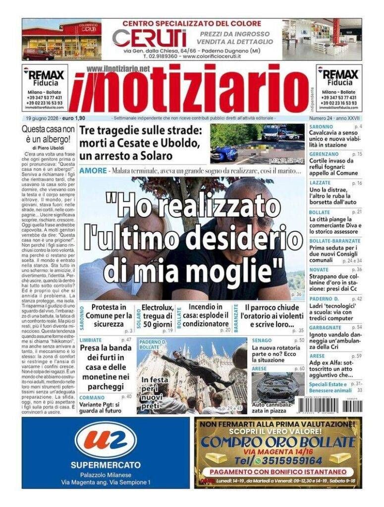 “Ho realizzato l’ultimo desiderio di mia moglie”, una storia commovente; Tre tragedie sulle strade che toccano i nostri comuni prima pagina notiziario desiderio moglie