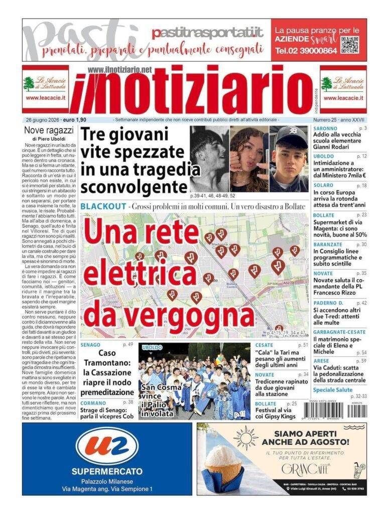 Tragedia di Senago, 3 giovani vite spezzate; blackout in molti comuni, cittadini esasperati, comuni impotenti – ANTEPRIMA prima pagina notiziario blackout