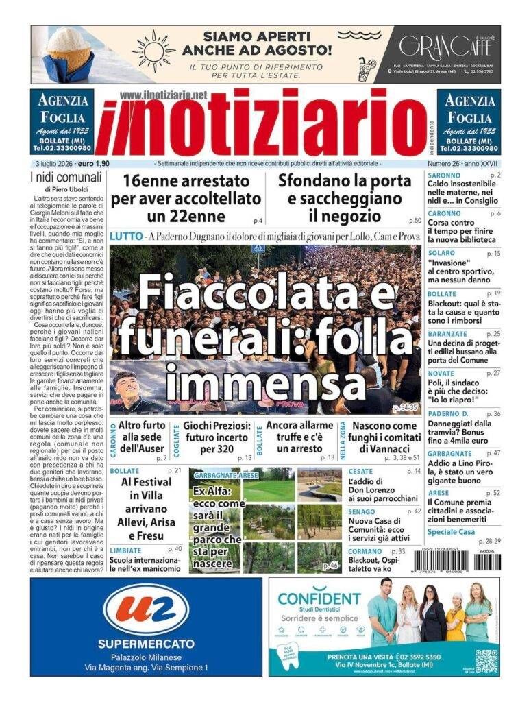 Paderno, fiaccolata e funerali, i giorni del dolore; Saronno, coltellate a 22 enne, arrestato 16enne – ANTEPRIMA prima pagina notiziario