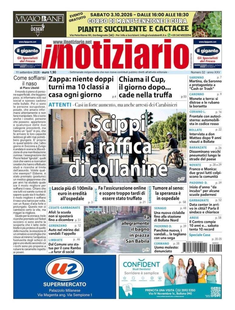 Scippi a raffica, attenzione alle collanine; Zappa Saronno, 10 classi a casa ogni giorno – ANTEPRIMA prima pagina notiziario scippi collanine
