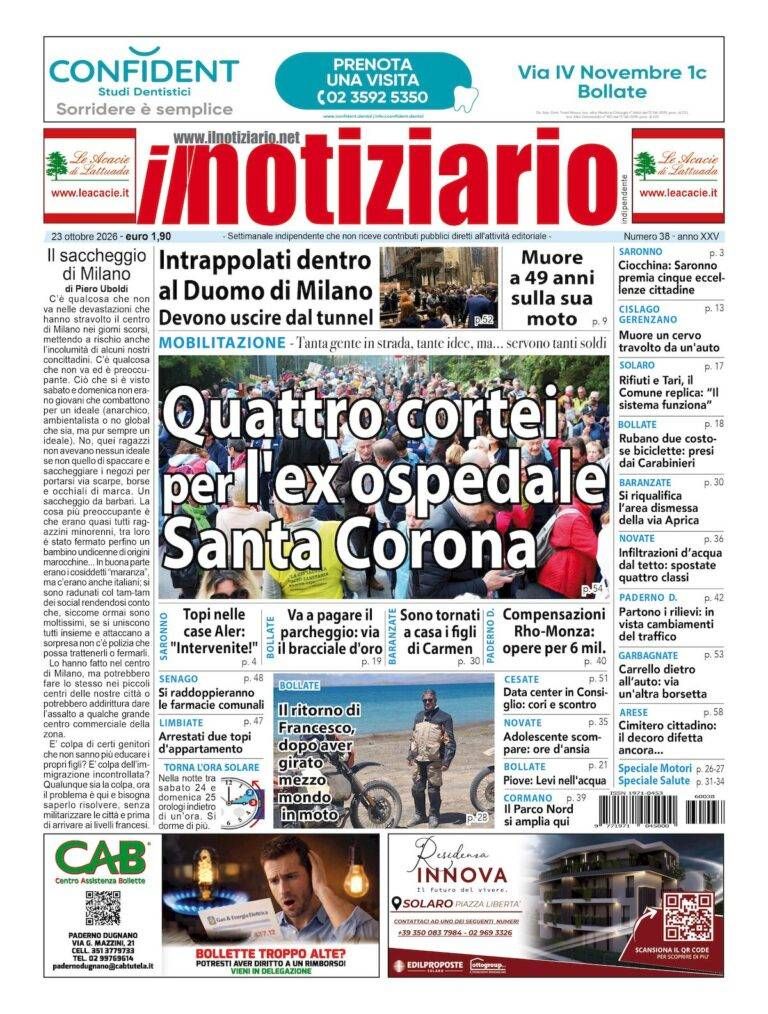Quattro cortei per l’ex ospedale; muore a 49 anni sulla sua moto – ANTEPRIMA prima pagina notiziario quattro cortei
