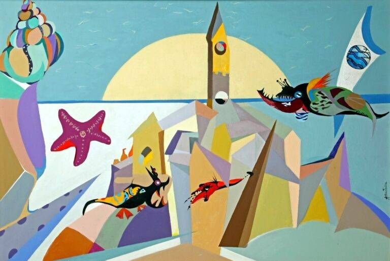 Tolto al cielo e donato al mare Il paese sommerso acrilico su tela cm 80x120 1 768x514