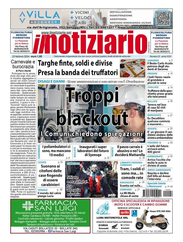 Troppi black out, i casi di Baranzate, Arese e Uboldo; presa a Paderno Dugnano banda di truffatori | ANTEPRIMA prima pagina notiziario