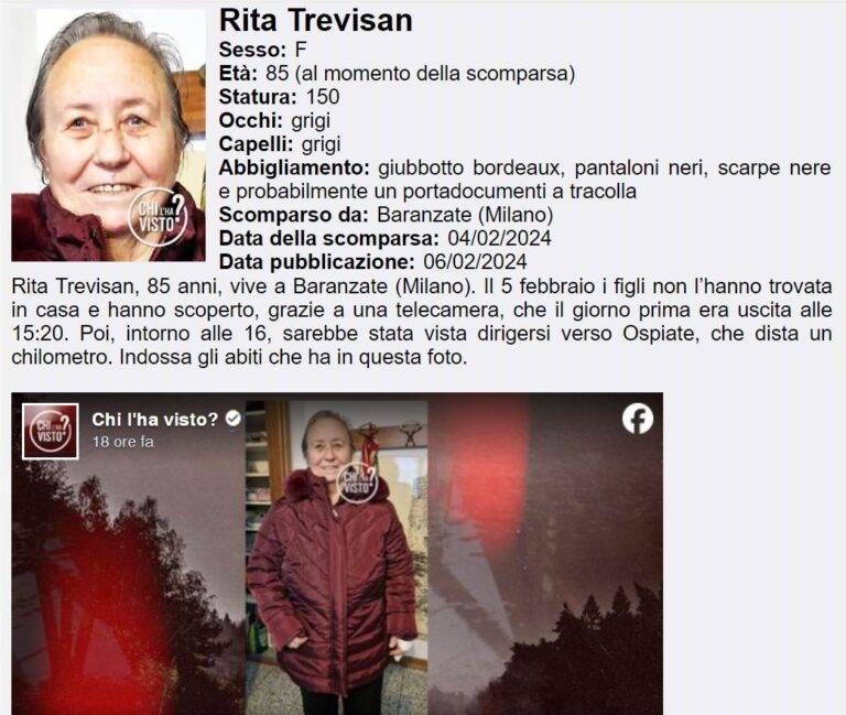 Anche a “Chi l’ha visto?” il caso della donna di Baranzate scomparsa scomparsa in tv 768x649