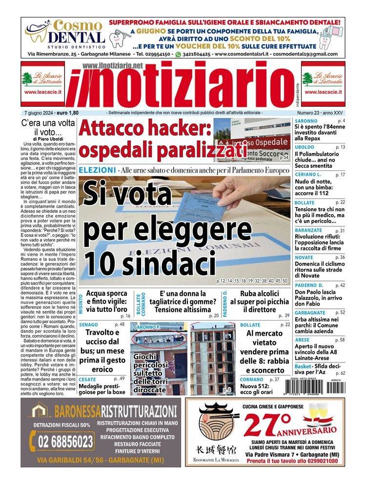Elezioni, si scelgono 10 sindaci: gravissimo attacco hacker, bloccati gli ospedali di Garbagnate, Rho e Bollate prima pagina notiziario