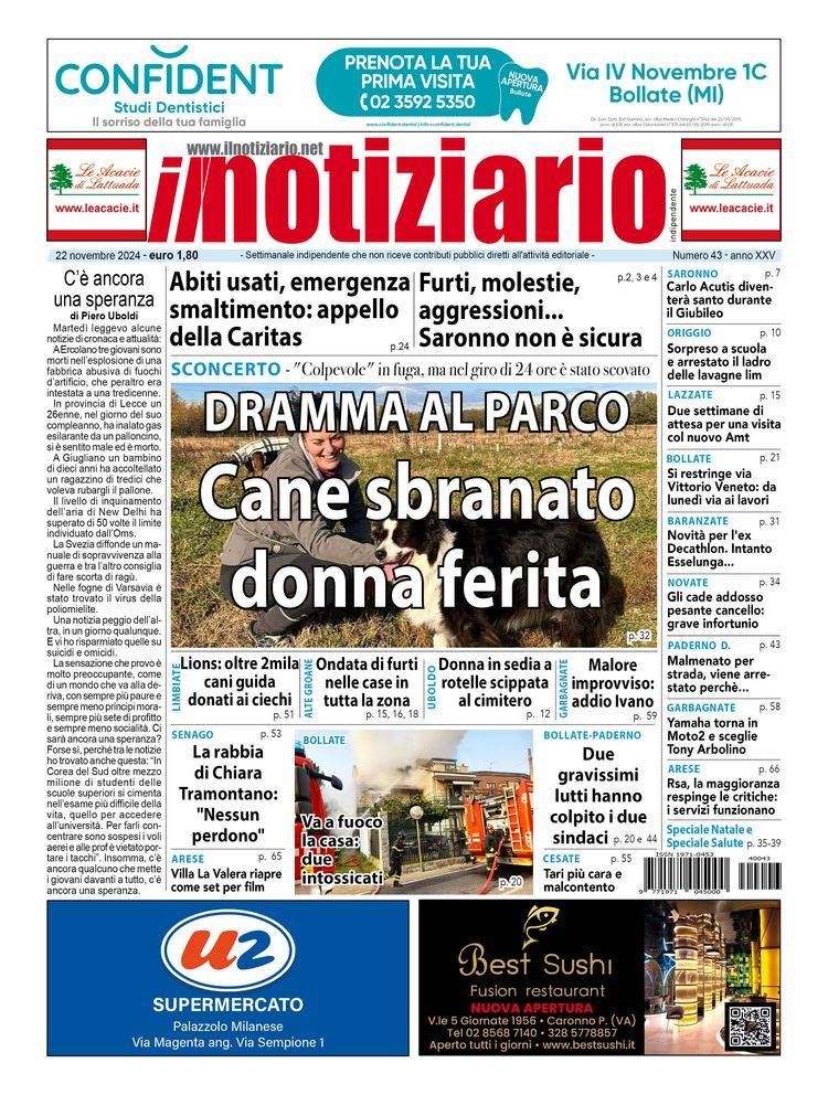 Novate, dramma al parco, cane sbranato, proprietaria ferita; a Saronno furti, aggressioni e molestie | ANTEPRIMA prima pagina notiziario cane sbrana