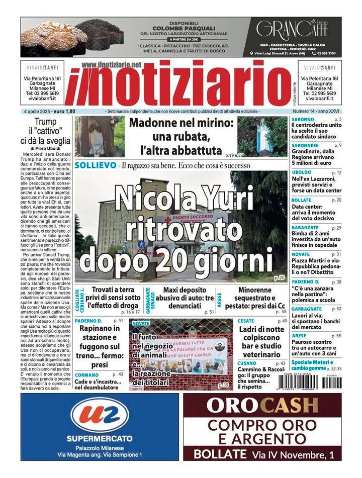 Nicola Yuri ritrovato dopo 20 giorni, ecco cosa è successo; statue della Madonna nel mirino a Bollate e Paderno | ANTEPRIMA prima pagina notiziario nicola yuri