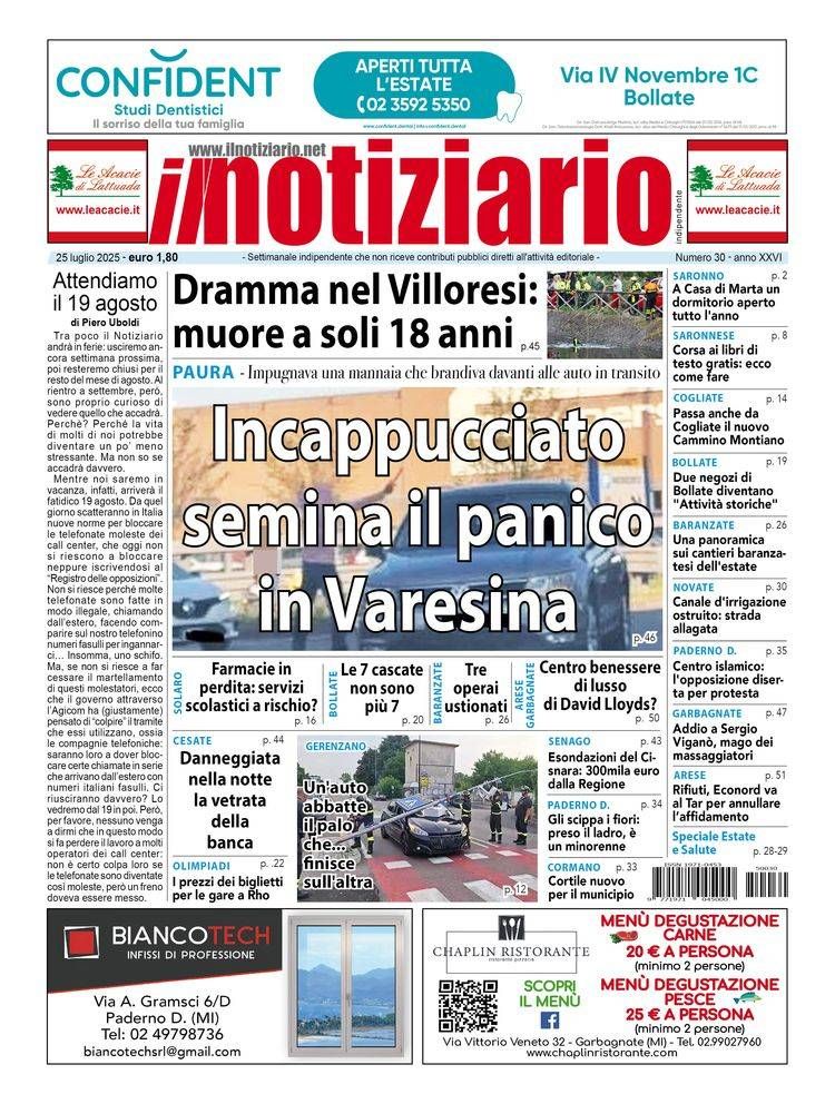 Incappucciato e con la mannaia, panico in Varesina; Bollate, le 7 cascate non sono più 7 Prima pagina notiziario panico Varesina