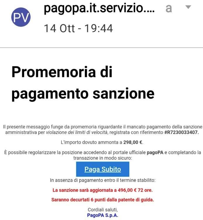 Mail truffa con finta PagoPa invita a pagare subito una sanzione per violazione del limite di velocità PagoPa truffa mail