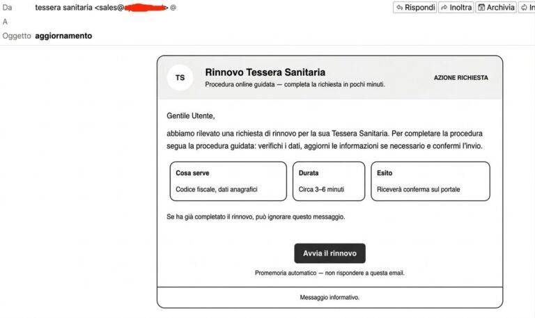 Falso rinnovo della Tessera Sanitaria: nuova ondata di phishing via mail falsa mail tessera sanitaria